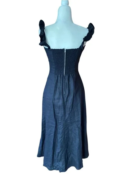 Reformation Spaulding 100% Linen Dress Sz 8  Black Ruffle Strap Formal Date - Picture 2 of 15